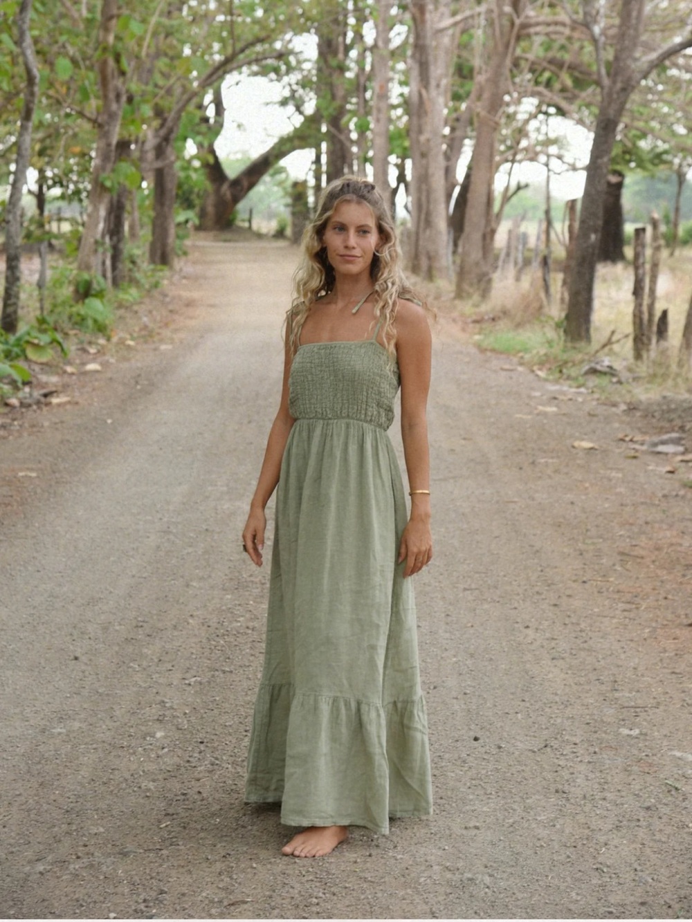 Beachwood Baby Smocked Tiered Mermaid Linen Maxi Dress in Sage Pistachio Green